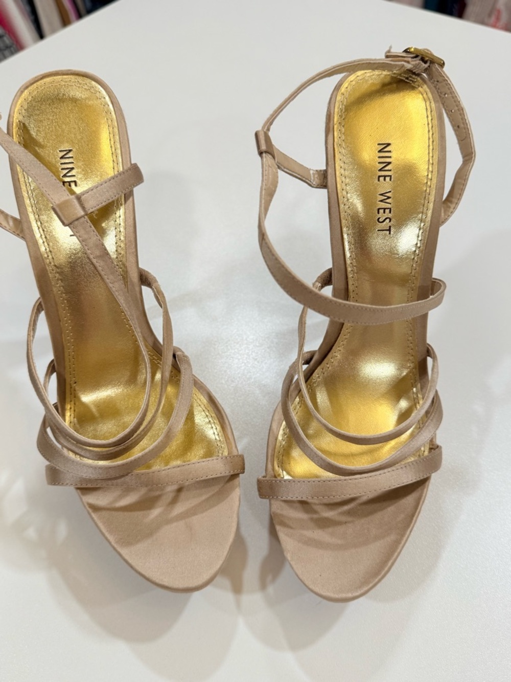Nine West Nude Gold Glitter Platform Heels Strappy Stiletto Sandals Size 8 - Picture 5 of 17